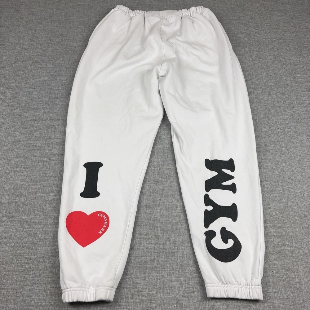 Gymshark Sweatpants Mens Large White Fleece I Heart Gym Graphic Joggers